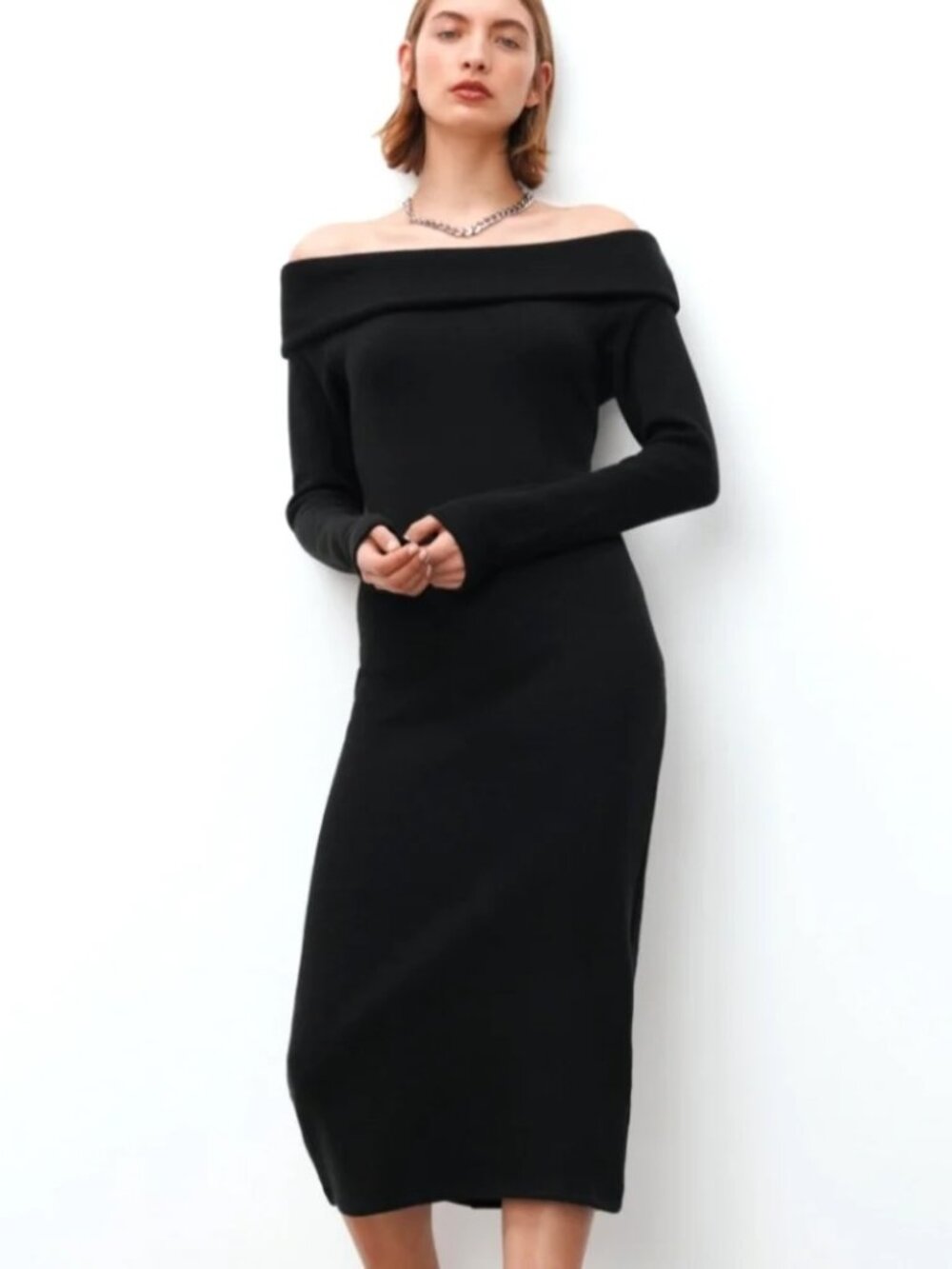Zara Off-Shoulder Knit Long Sleeve Midi Dress Small Black